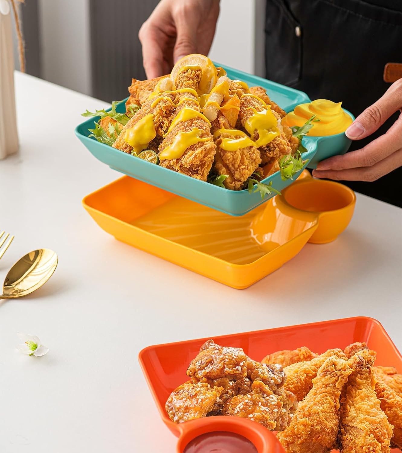 Kids 4-Piece Colorful Serving Platter Set – BPA-Free Snack, Sushi, Appetizer & Dessert Plates with Built-In Dipping Bowls