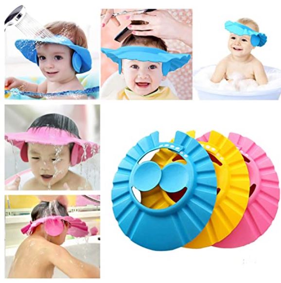 Pack of 3 – Baby Shower Cap with Ear Protector – Adjustable Bathing Hat for Kids – Random Colors