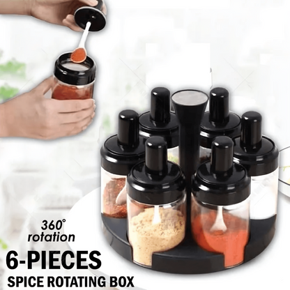 6-in-1 Rotating Spice Rack with Transparent Jars and Spoons