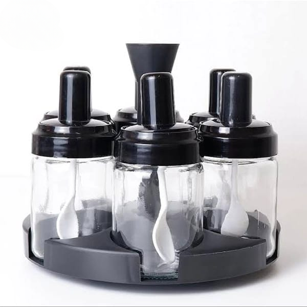 6-in-1 Rotating Spice Rack with Transparent Jars and Spoons