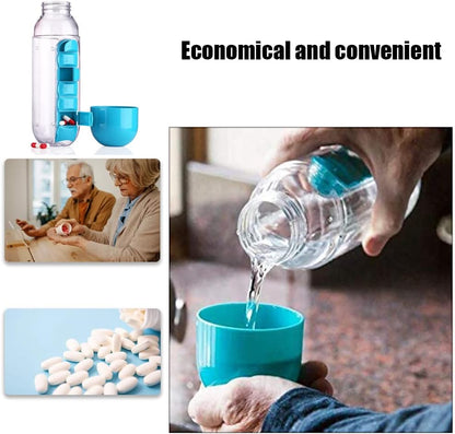 2-in-1 Medicine Organizer Water Bottle – 7 Day Pill Box with 600ml BPA-Free Bottle & Removable Cup (Random Color)