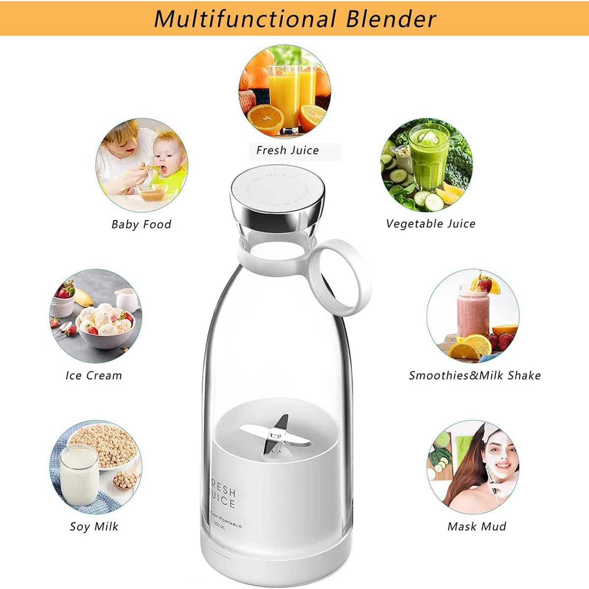 Fresh Juice Portable Blender – 350ml Wireless Juicer for Smoothies, Milkshakes, and Fresh Juices