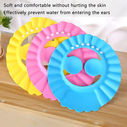 Pack of 3 – Baby Shower Cap with Ear Protector – Adjustable Bathing Hat for Kids – Random Colors