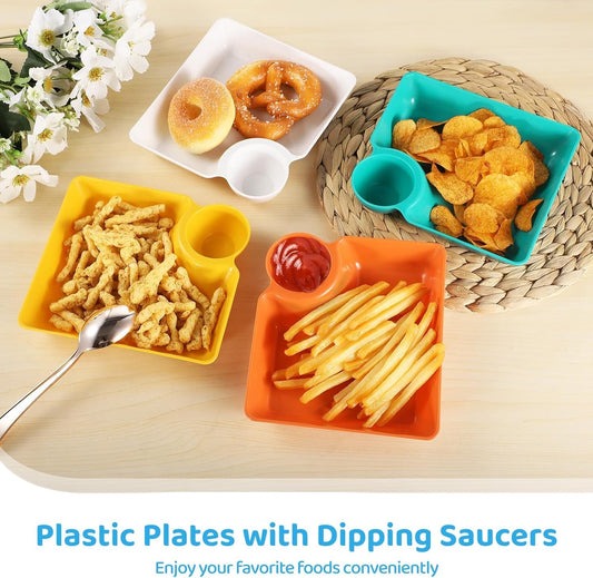 Kids 4-Piece Colorful Serving Platter Set – BPA-Free Snack, Sushi, Appetizer & Dessert Plates with Built-In Dipping Bowls