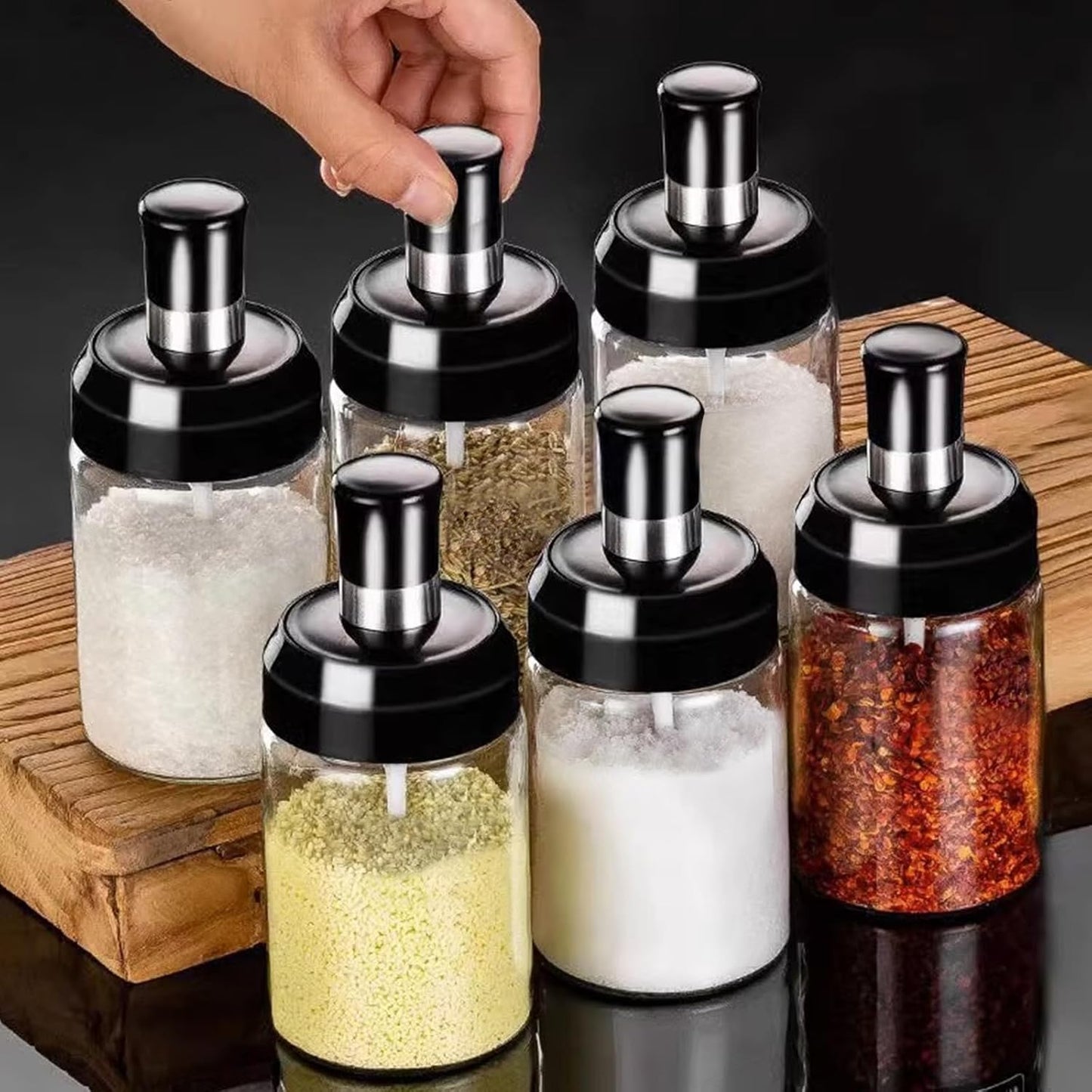 6-in-1 Rotating Spice Rack with Transparent Jars and Spoons