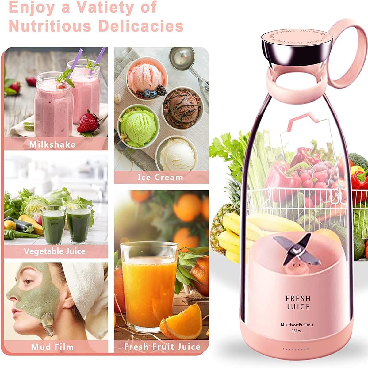 Fresh Juice Portable Blender – 350ml Wireless Juicer for Smoothies, Milkshakes, and Fresh Juices