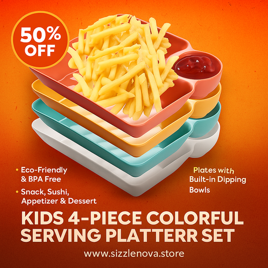 Kids 4-Piece Colorful Serving Platter Set – BPA-Free Snack, Sushi, Appetizer & Dessert Plates with Built-In Dipping Bowls