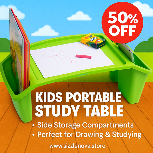 Kids Portable Study Table | Multifunctional Plastic Desk with Side Storage | Study, Drawing & Snack Table (Random Color)
