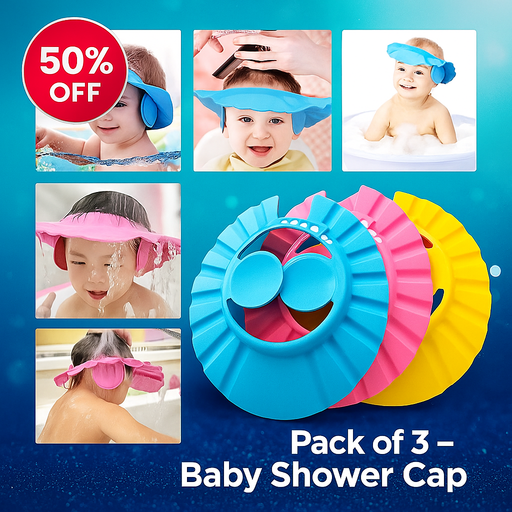 Pack of 3 – Baby Shower Cap with Ear Protector – Adjustable Bathing Hat for Kids – Random Colors