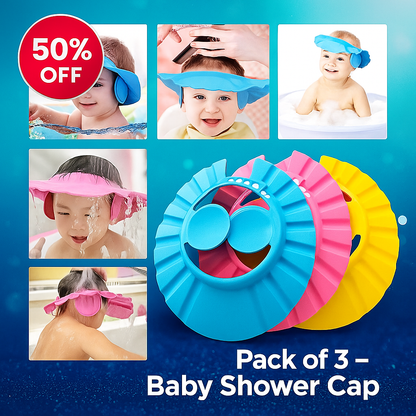 Pack of 3 – Baby Shower Cap with Ear Protector – Adjustable Bathing Hat for Kids – Random Colors
