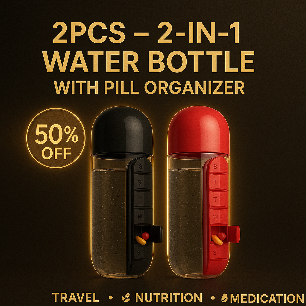 2-in-1 Medicine Organizer Water Bottle – 7 Day Pill Box with 600ml BPA-Free Bottle & Removable Cup (Random Color)