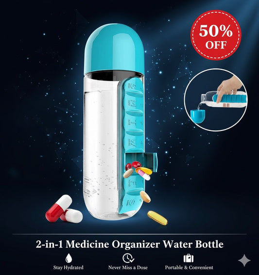2-in-1 Medicine Organizer Water Bottle – 7 Day Pill Box with 600ml BPA-Free Bottle & Removable Cup (Random Color)